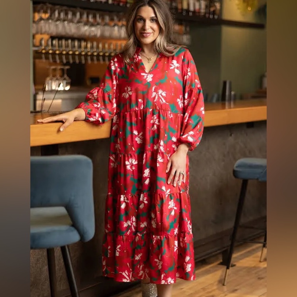 Michelle McDowell Midi Dress Womens Small Tiered V Neck Colorful Swing Floral